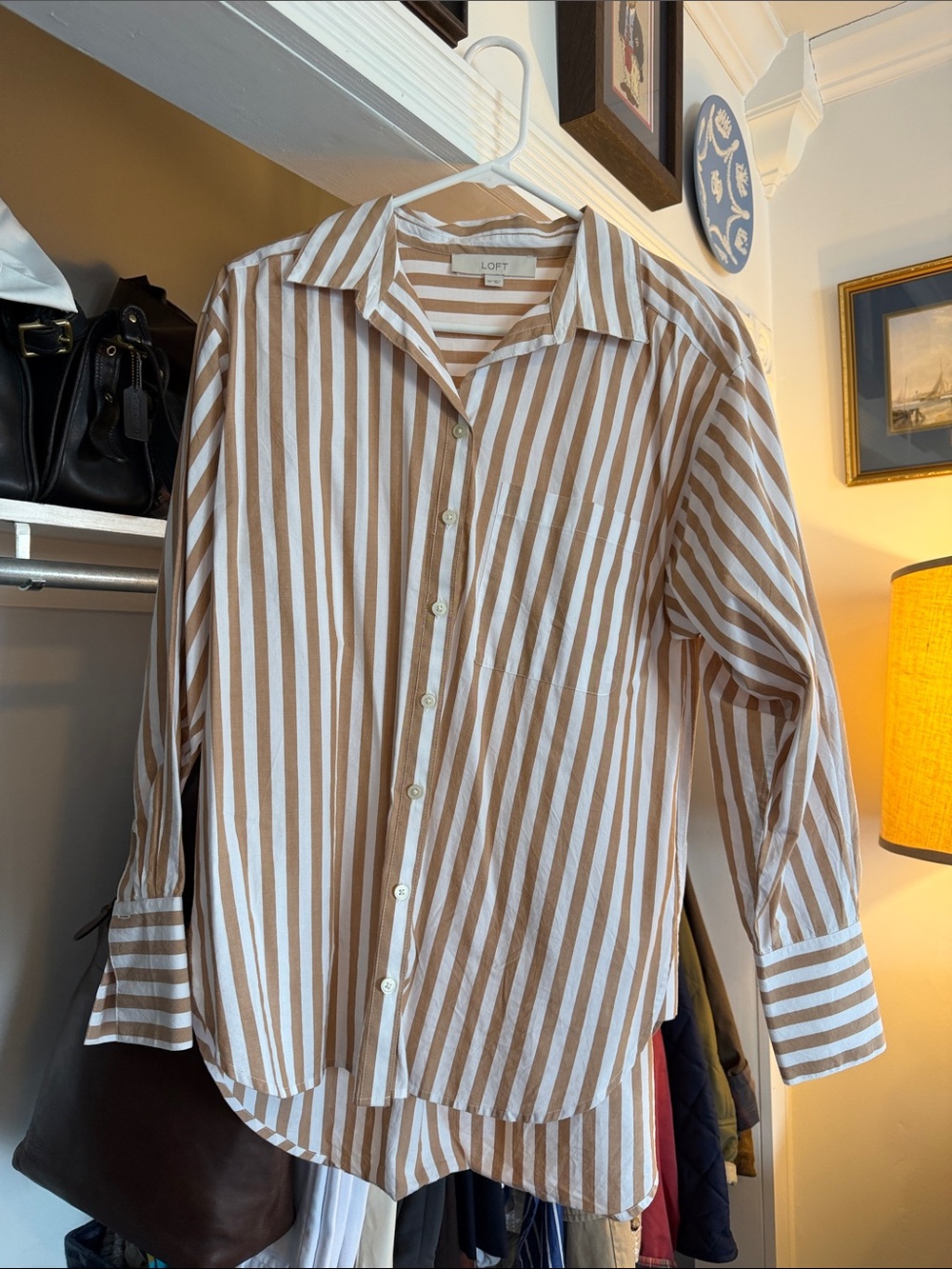 LOFT Tan and White Vertical Stripe Women’s Button-Down Shirt
